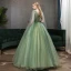Elegant Lime Green Prom Dresses 2020 Ball Gown V-Neck Beading Rhinestone Lace Flower Short Sleeve Backless Floor-Length / Long Formal Dresses