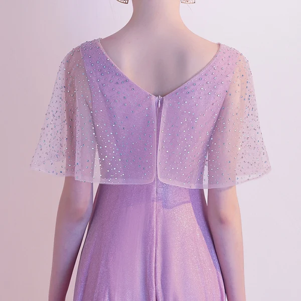 Chic / Belle Rose Bonbon Robe De Soirée 2020 Princesse V-Cou Faux Diamant Manches Courtes Dos Nu Longue Robe De Ceremonie