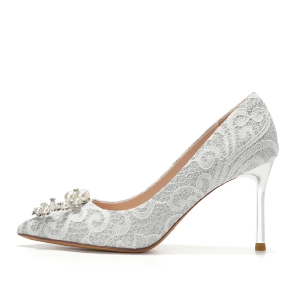 Mode Argenté Chaussure De Mariée 2020 En Dentelle Perle Faux Diamant 8 cm Talons Aiguilles À Bout Pointu Mariage Escarpins
