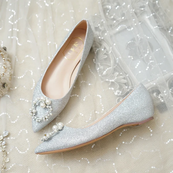Fashion Silver Flat Wedding Shoes 2020 Pearl Rhinestone Sequins Pointed Toe