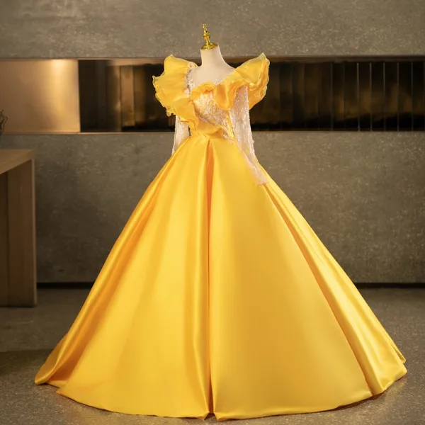 Vintage / Retro Yellow Beading Sequins Prom Dresses 2025 Ball Gown Scoop Neck Long Sleeve Backless Floor-Length / Long Formal Dresses