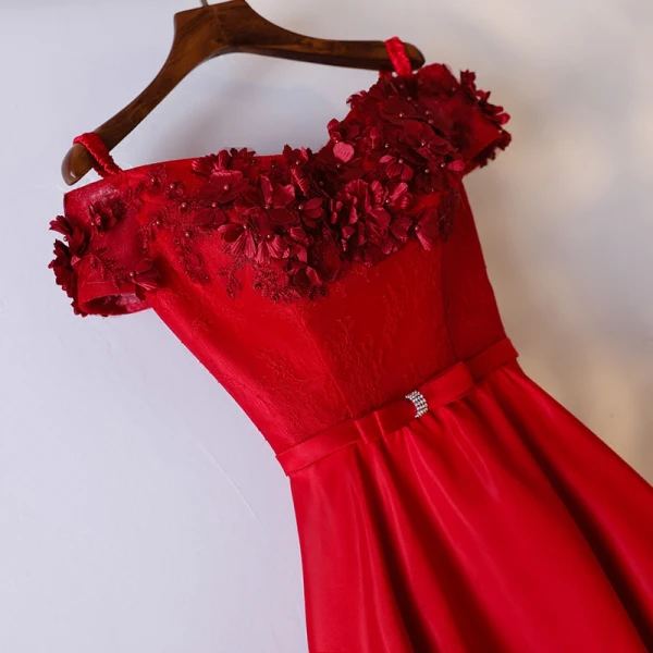 Chic / Beautiful Red Formal Dresses Evening Dresses 2017 Lace Flower Bow Pearl Shoulders Short Sleeve Floor-Length / Long A-Line / Princess Artificial Flowers