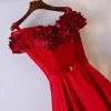 Chic / Beautiful Red Formal Dresses Evening Dresses  2017 Lace Flower Bow Pearl Shoulders Short Sleeve Floor-Length / Long A-Line / Princess Artificial Flowers