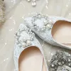 Charming Silver Flat Lace Wedding Shoes 2020 Pearl Rhinestone Pointed Toe