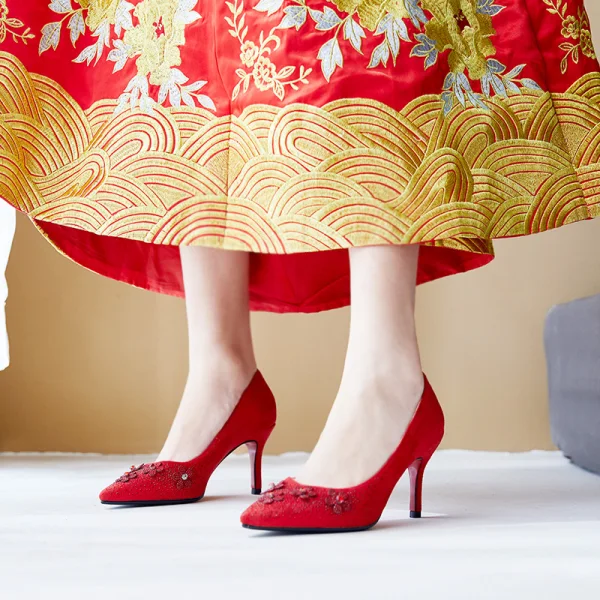 Chic / Belle Rouge Chaussure De Mariée 2020 Daim Faux Diamant 7 cm Talons Aiguilles À Bout Pointu Mariage Escarpins
