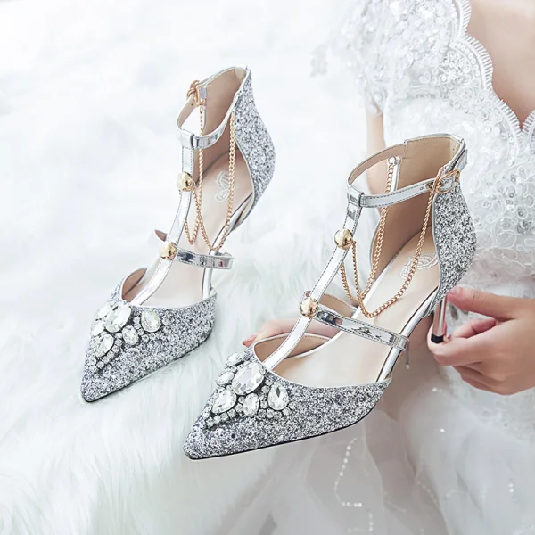 Sparkly Sølv Brudesko Polyester 2020 T-Stropp Rhinestone Paljetter 8 cm Stiletthæler Spisse Bryllup Høyhælte