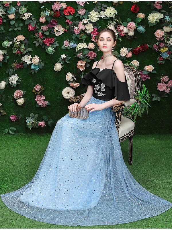 Chic / Belle Noire Robe De Soirée 2020 Princesse Bretelles Spaghetti Paillettes En Dentelle Fleur Manches Courtes Dos Nu Longue Robe De Ceremonie