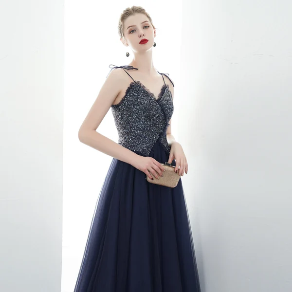 Chic Bleu Marine Robe De Soirée 2020 Princesse Bretelles Spaghetti Perlage Paillettes Sans Manches Dos Nu Longue Robe De Ceremonie