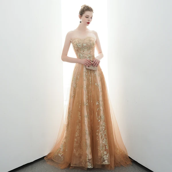 Charmant Gold Abendkleider 2020 A Linie Bandeau Perlenstickerei Pailletten Spitze Blumen Ärmellos Rückenfreies Sweep / Pinsel Zug Festliche Kleider