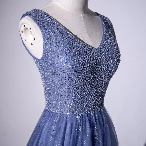 Chic / Belle Océan Bleu Robe De Soirée 2020 Princesse V-Cou Perlage Glitter Paillettes Sans Manches Dos Nu Longue Robe De Ceremonie