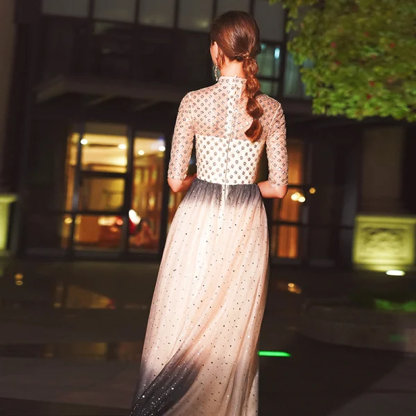 Sparkly Champagne Evening Dresses  2020 A-Line / Princess High Neck Beading Sequins 1/2 Sleeves Floor-Length / Long Formal Dresses