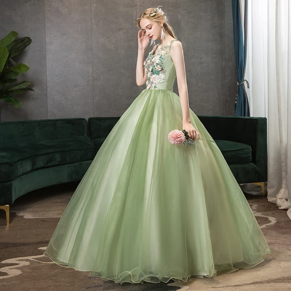 Elegante Lindgrün Ballkleider 2020 A Linie V-Ausschnitt Perle Spitze Blumen Ärmellos Rückenfreies Lange Festliche Kleider