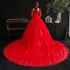 Charming Red Wedding Dresses 2020 A-Line / Princess V-Neck Beading Rhinestone Sequins Lace Flower 1/2 Sleeves Backless Cathedral Train
