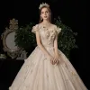 Luxury / Gorgeous Champagne Wedding Dresses 2020 A-Line / Princess Off-The-Shoulder Appliques Pearl Sequins Sleeveless Backless Floor-Length / Long