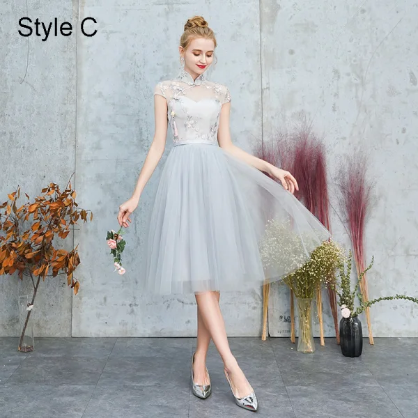 Chinese style Grey Embroidered Bridesmaid Dresses 2021 A-Line / Princess High Neck Short Sleeve Backless Tea-length Bridesmaid Wedding Party Dresses