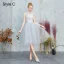 Chinese style Grey Embroidered Bridesmaid Dresses 2021 A-Line / Princess High Neck Short Sleeve Backless Tea-length Bridesmaid Wedding Party Dresses