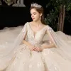 Luxury / Gorgeous Champagne Wedding Dresses 2020 A-Line / Princess V-Neck Beading Sequins Pearl Crystal Lace Flower Short Sleeve Backless Cathedral Train