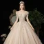 Victorian Style Vintage / Retro Champagne Wedding Dresses 2020 A-Line / Princess V-Neck Beading Pearl Rhinestone Lace Flower Sequins Short Sleeve Backless Floor-Length / Long
