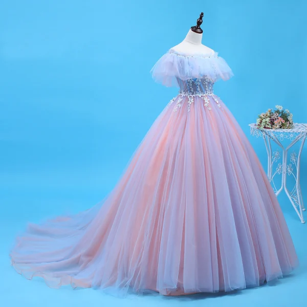 Schöne Himmelblau Rosa Quinceañera Ballkleider 2018 Ballkleid Applikationen Perlenstickerei Off Shoulder Rückenfreies Ärmellos Sweep / Pinsel Zug Festliche Kleider
