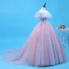 Chic / Beautiful Sky Blue Blushing Pink Quinceañera Prom Dresses 2018 Ball Gown Appliques Beading Off-The-Shoulder Backless Sleeveless Sweep Train Formal Dresses