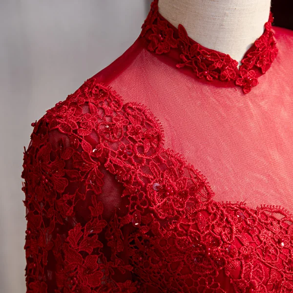 Affordable Chinese style Burgundy Evening Dresses 2020 A-Line / Princess High Neck Beading Lace Flower Long Sleeve Backless Floor-Length / Long Formal Dresses