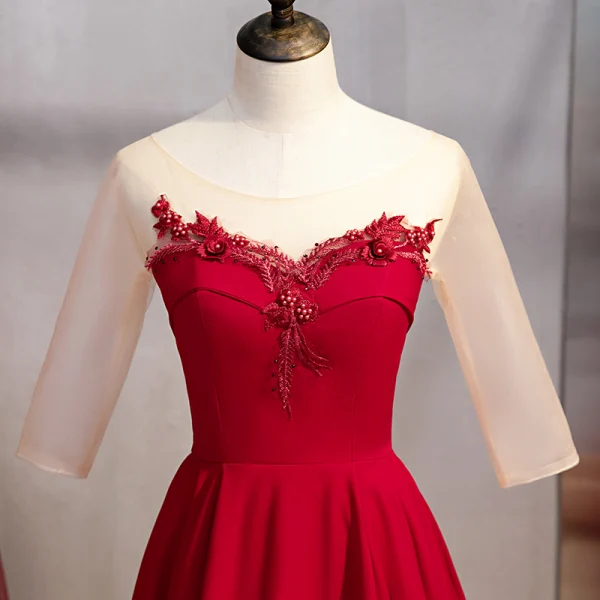 Elegant Burgundy Evening Dresses 2020 A-Line / Princess Scoop Neck Rhinestone Pearl Lace Flower 3/4 Sleeve Backless Floor-Length / Long Formal Dresses