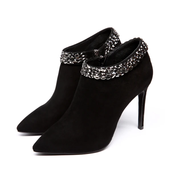 Schlicht Schwarz Freizeit Stiefel Damen 2020 Leder Wildleder 10 cm Stilettos Spitzschuh Stiefel