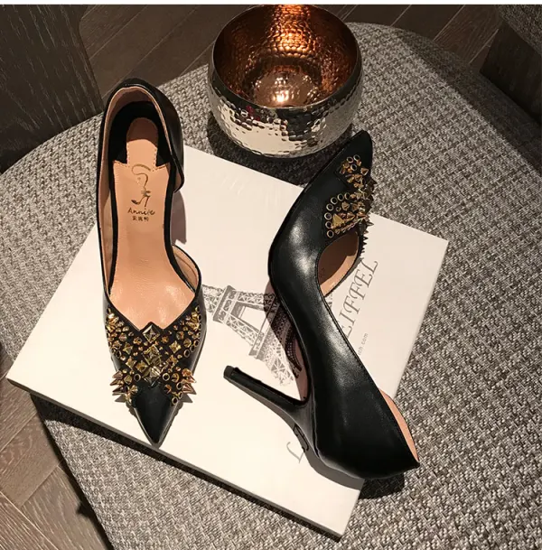 Chic / Beautiful Black Gold Evening Party Womens Shoes 2020 Leather Rivet 8 cm Stiletto Heels Pointed Toe High Heels