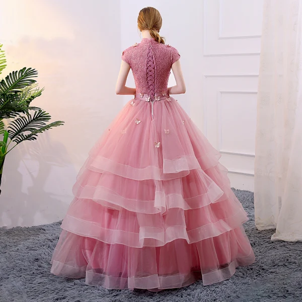 Chic / Beautiful Candy Pink Cascading Ruffles Prom Dresses 2018 Ball Gown Sash Butterfly High Neck Sleeveless Floor-Length / Long Formal Dresses