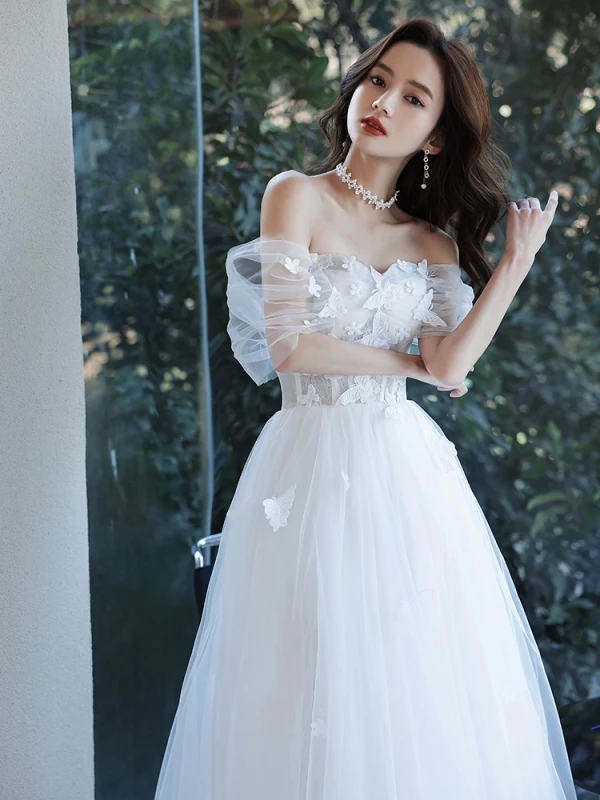 Simple Blanche En Dentelle Fleur Plage Robe De Mariée 2021 Princesse De l'épaule Manches Courtes Dos Nu Longue