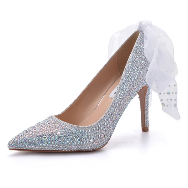 Charming Silver Wedding Shoes 2020 Bow Rhinestone 9 cm Stiletto Heels Pointed Toe Wedding Pumps