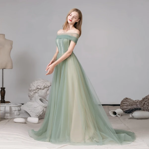 Classy Sage Green Evening Dresses 2020 A-Line / Princess Off-The-Shoulder Short Sleeve Backless Sweep Train Formal Dresses