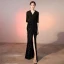 Classy Black Evening Dresses  2020 A-Line / Princess Bow Satin Sequins V-Neck 1/2 Sleeves Floor-Length / Long Formal Dresses