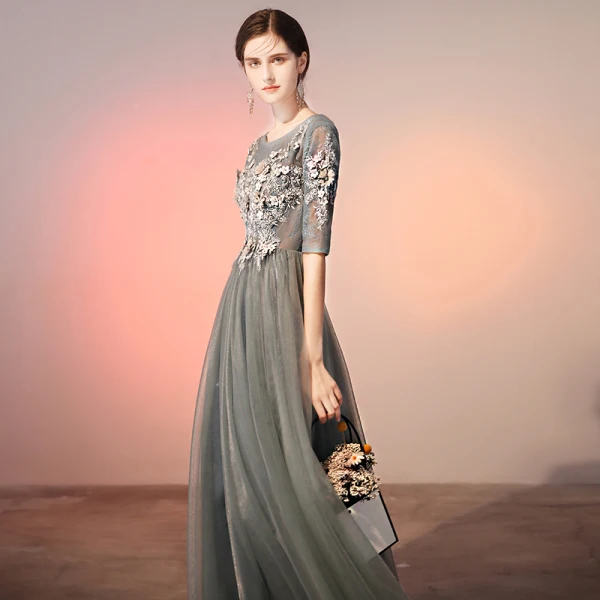 Elegant Grey Evening Dresses  2020 A-Line / Princess Scoop Neck Pearl Rhinestone Lace Flower Appliques 1/2 Sleeves Backless Floor-Length / Long Formal Dresses