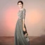 Elegant Grey Evening Dresses  2020 A-Line / Princess Scoop Neck Pearl Rhinestone Lace Flower Appliques 1/2 Sleeves Backless Floor-Length / Long Formal Dresses
