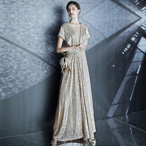 Scintillantes Doré Robe De Soirée 2020 Princesse Encolure Dégagée Paillettes Manches Courtes Dos Nu Longue Robe De Ceremonie