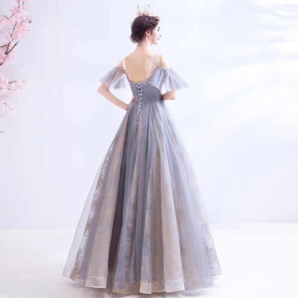 Élégant Gris Robe De Bal 2020 Princesse Encolure Dégagée Perlage Paillettes Manches Courtes Dos Nu Longue Robe De Ceremonie