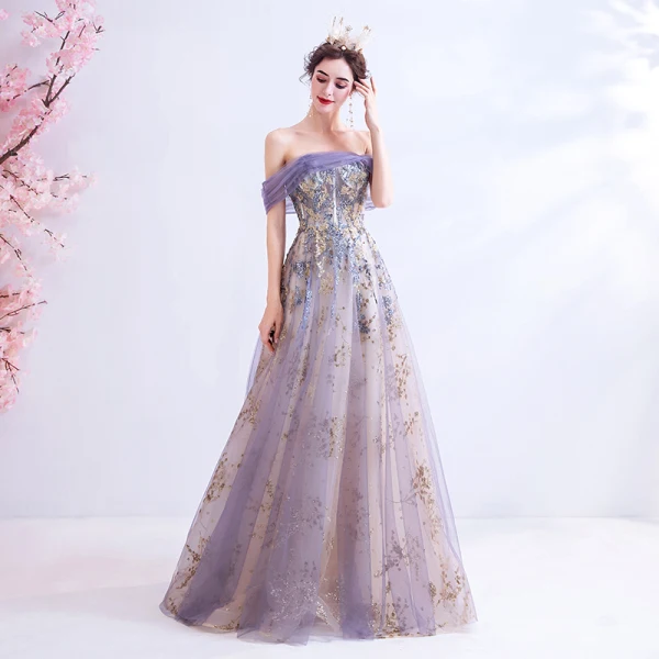 Charming Purple Prom Dresses 2020 A-Line / Princess Off-The-Shoulder Lace Flower Glitter Sequins Sleeveless Backless Floor-Length / Long Formal Dresses
