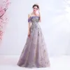 Charmant Violet Robe De Bal 2020 Princesse De l'épaule En Dentelle Fleur Glitter Paillettes Sans Manches Dos Nu Longue Robe De Ceremonie
