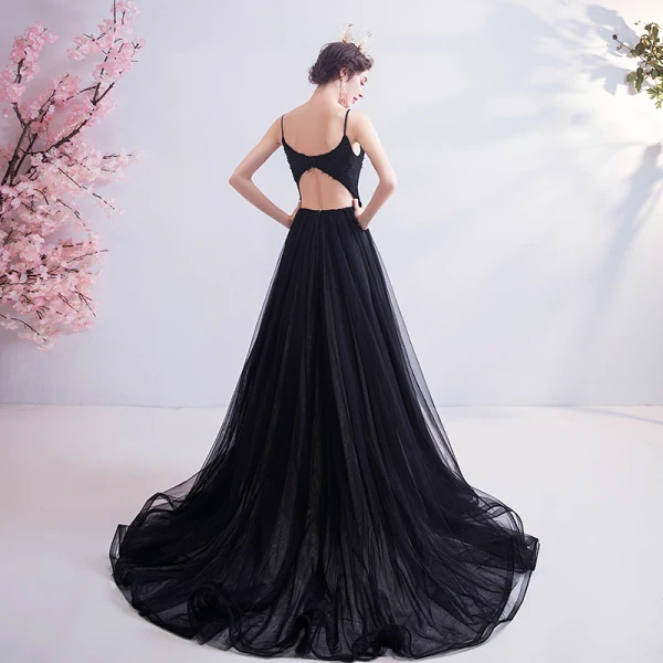 Chic / Belle Noire Robe De Bal 2020 Princesse Bretelles Spaghetti Perlage En Dentelle Fleur Sans Manches Dos Nu Train De Balayage Robe De Ceremonie