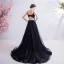 Chic / Belle Noire Robe De Bal 2020 Princesse Bretelles Spaghetti Perlage En Dentelle Fleur Sans Manches Dos Nu Train De Balayage Robe De Ceremonie