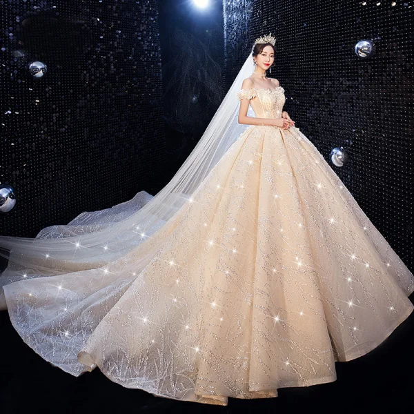 Luxury / Gorgeous Champagne Wedding Dresses 2020 Ball Gown Off-The-Shoulder Glitter Beading Sequins Lace Flower Sleeveless Backless Cathedral Train