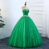 Vintage Grön Quinceañera Balklänningar 2018 Balklänning Rhinestone Paljetter Älskling Halterneck 1/2 ärm Långa Formella Klänningar