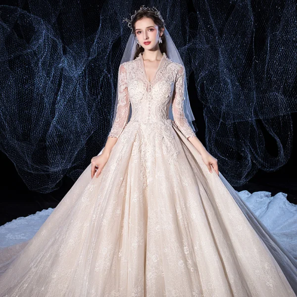 Luxury / Gorgeous Champagne Wedding Dresses 2020 A-Line / Princess V-Neck Beading Sequins Lace Flower 3/4 Sleeve Royal Train