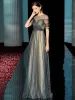 High-end Dark Green Evening Dresses  2020 A-Line / Princess Scoop Neck Beading Sequins Short Sleeve Tea-length Formal Dresses
