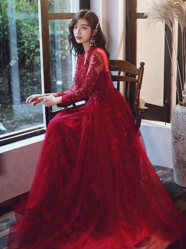 Elegant Burgundy Evening Dresses  2020 A-Line / Princess V-Neck Beading Sequins Lace Flower Long Sleeve Backless Floor-Length / Long Formal Dresses