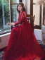 Elegant Burgundy Evening Dresses  2020 A-Line / Princess V-Neck Beading Sequins Lace Flower Long Sleeve Backless Floor-Length / Long Formal Dresses