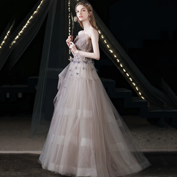 Charming Purple Prom Dresses 2021 A-Line / Princess Ruffle Strapless Beading Sleeveless Backless Floor-Length / Long Formal Dresses