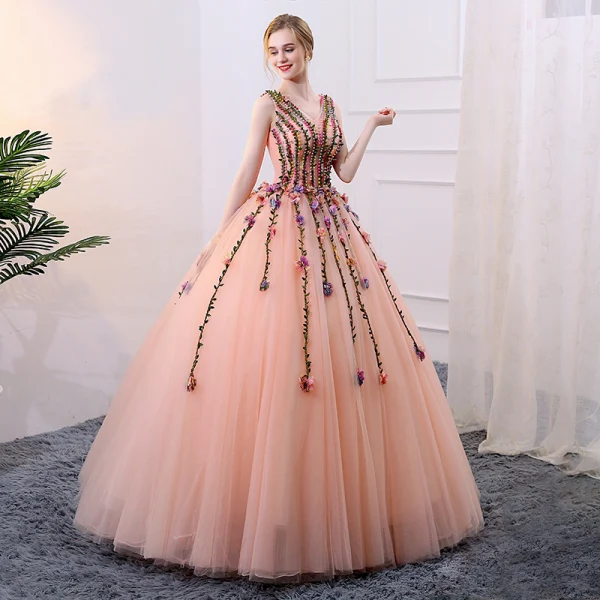 Flower Fairy Pearl Pink Prom Dresses 2018 Ball Gown Appliques Pearl V-Neck Backless Sleeveless Floor-Length / Long Formal Dresses