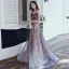 Charmant Violett Glanz Abendkleider 2020 A Linie Bandeau Perlenstickerei Pailletten Spitze Blumen Ärmellos Rückenfreies Sweep / Pinsel Zug Festliche Kleider